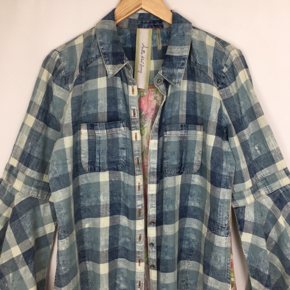 Aratta Silent Journey Plaid Chambray Floral Embroidered Button Down Top Blouse - Picture 4 of 16